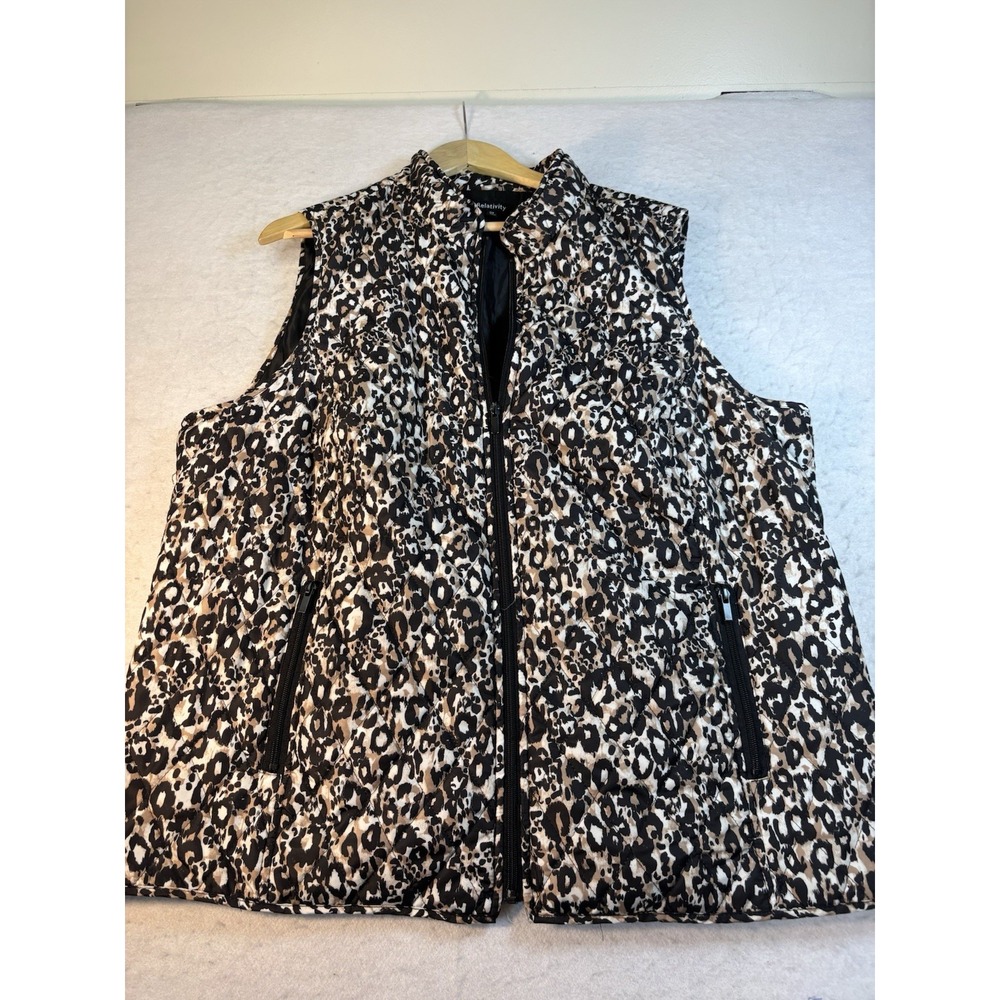 Relativity Womens 3X Leopard Animal Print Quilted Vest Tan Black Pockets Fr Zip